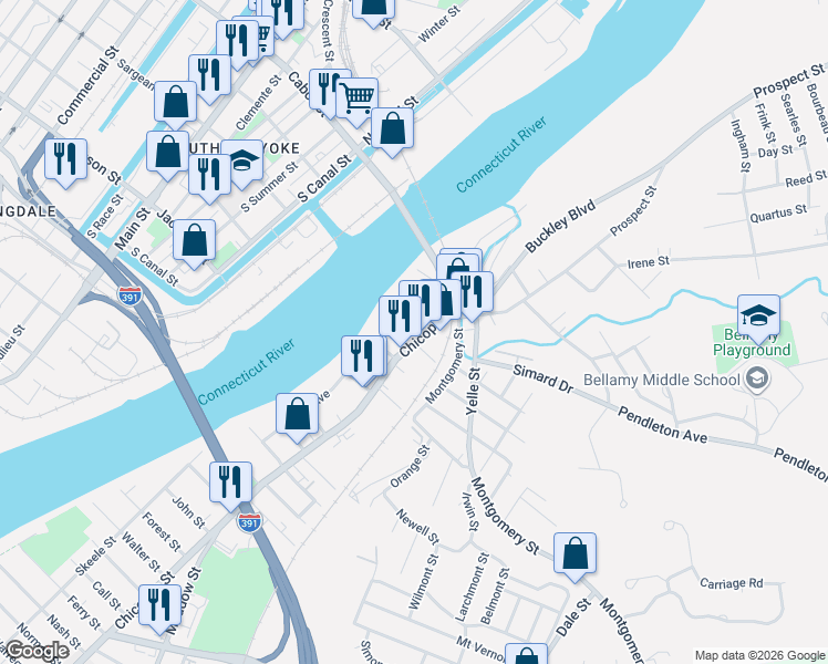 map of restaurants, bars, coffee shops, grocery stores, and more near 18 Tourtelotte Avenue in Chicopee