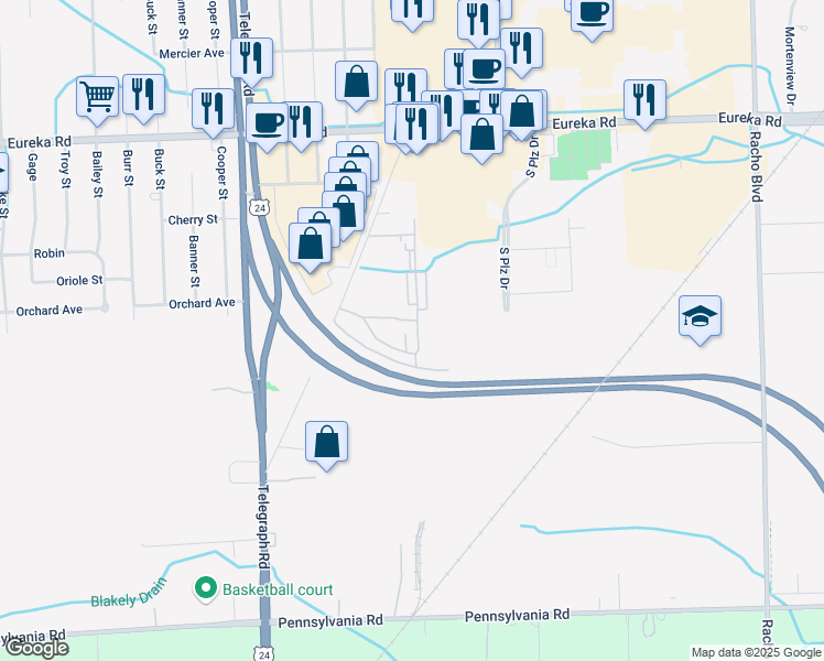 map of restaurants, bars, coffee shops, grocery stores, and more near 15744 Dupage Boulevard in Taylor