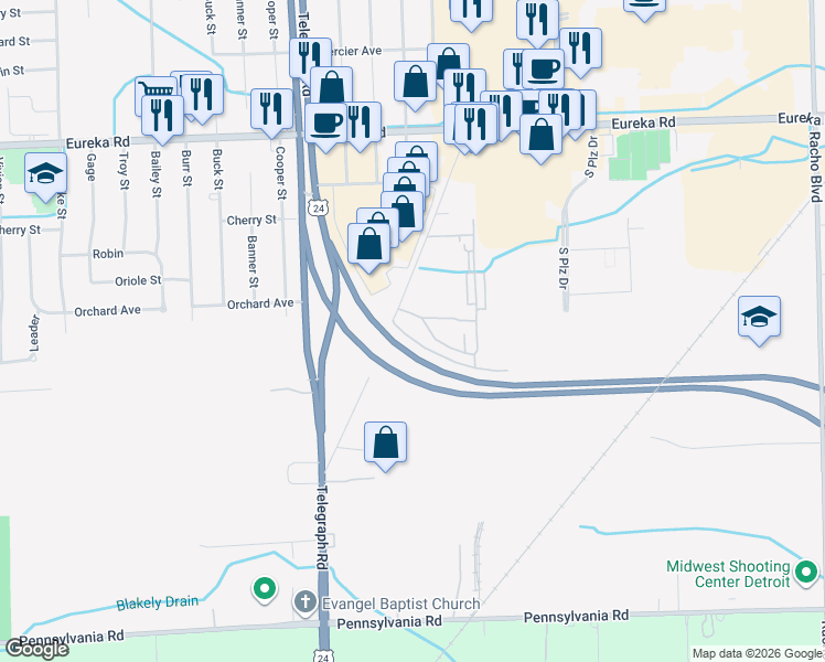 map of restaurants, bars, coffee shops, grocery stores, and more near 15709 Dupage Boulevard in Taylor
