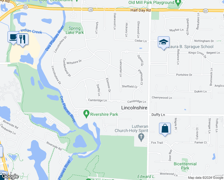 map of restaurants, bars, coffee shops, grocery stores, and more near 5 Elsinoor Drive in Lincolnshire