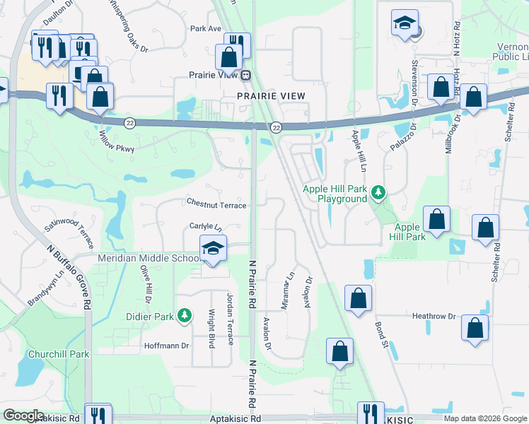 map of restaurants, bars, coffee shops, grocery stores, and more near 2306 Avalon Drive in Buffalo Grove
