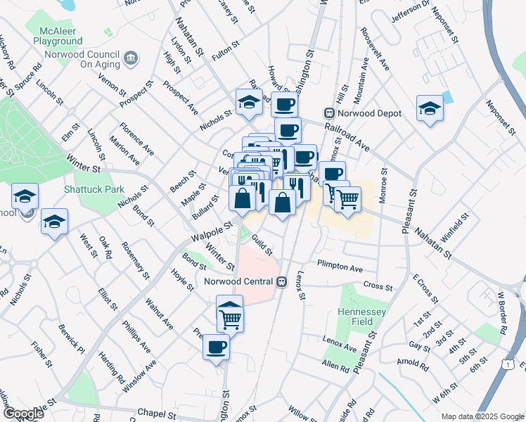 map of restaurants, bars, coffee shops, grocery stores, and more near 19 Day Street in Norwood