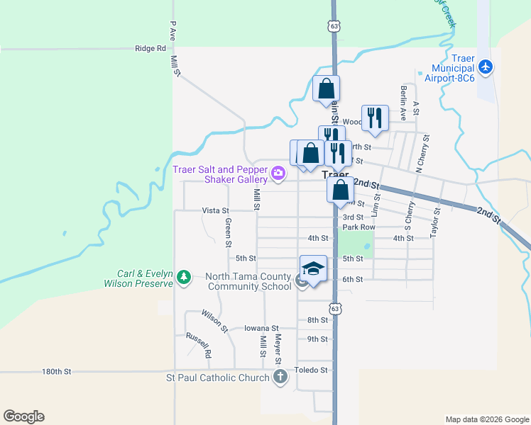 map of restaurants, bars, coffee shops, grocery stores, and more near 400 3rd Street in Traer
