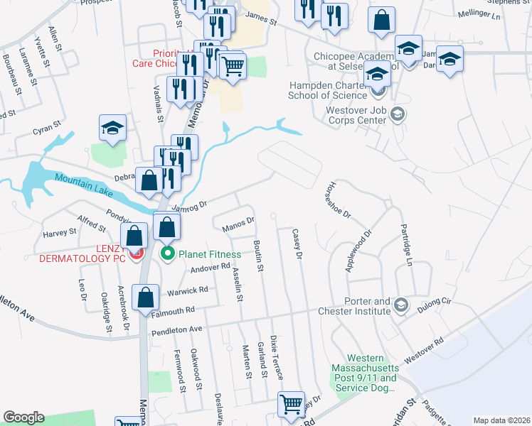 map of restaurants, bars, coffee shops, grocery stores, and more near 316 Bostwick Lane in Chicopee