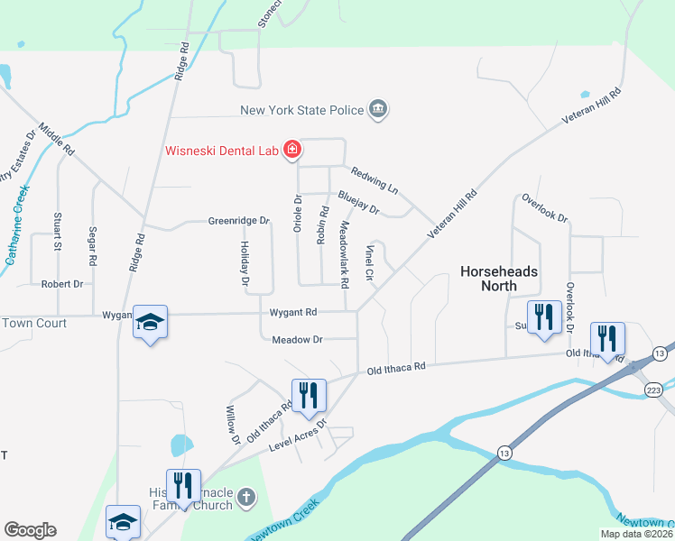 map of restaurants, bars, coffee shops, grocery stores, and more near 205 Meadowlark Rd in Horseheads