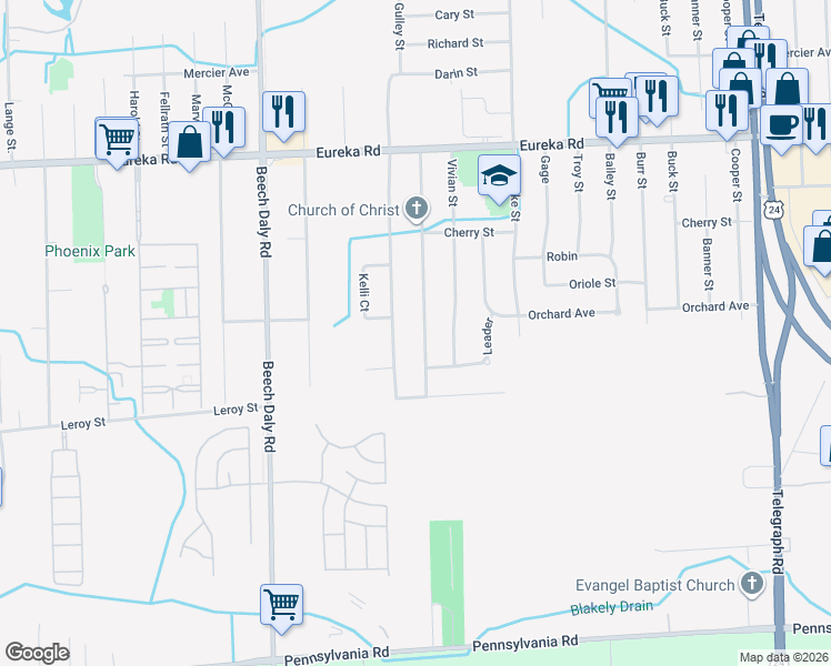 map of restaurants, bars, coffee shops, grocery stores, and more near 15636 Michael Street in Taylor