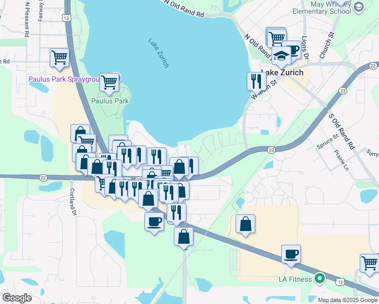 map of restaurants, bars, coffee shops, grocery stores, and more near 32 South Shore Lane in Lake Zurich