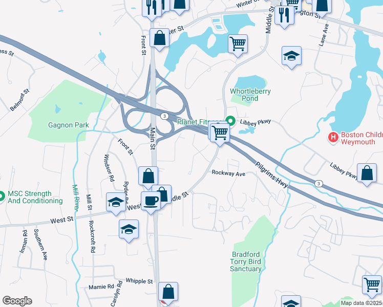 map of restaurants, bars, coffee shops, grocery stores, and more near 11 Sandra Lane in Weymouth