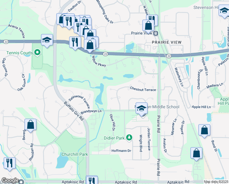 map of restaurants, bars, coffee shops, grocery stores, and more near 2318 Acorn Place in Buffalo Grove