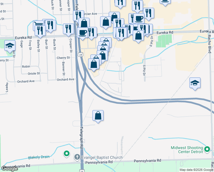 map of restaurants, bars, coffee shops, grocery stores, and more near 15709 Dupage Boulevard in Taylor