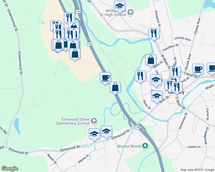 map of restaurants, bars, coffee shops, grocery stores, and more near 100 Massachusetts 146 in Millbury