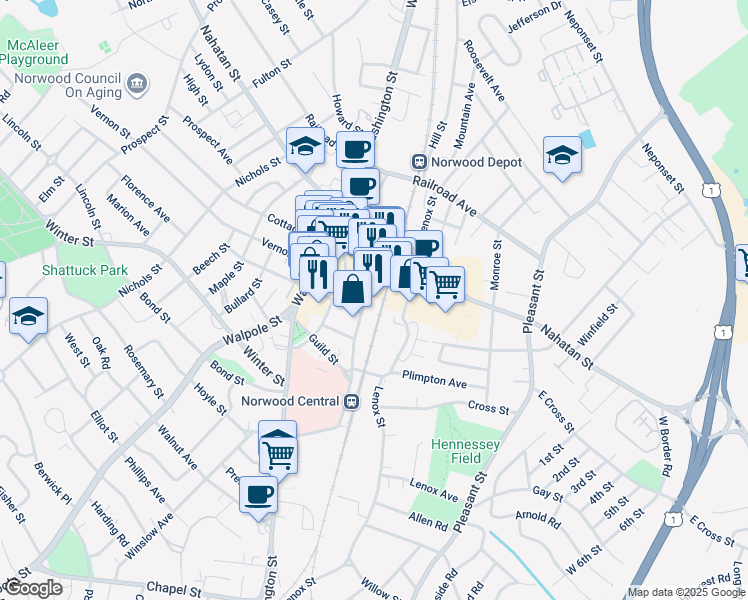 map of restaurants, bars, coffee shops, grocery stores, and more near 54 Broadway in Norwood