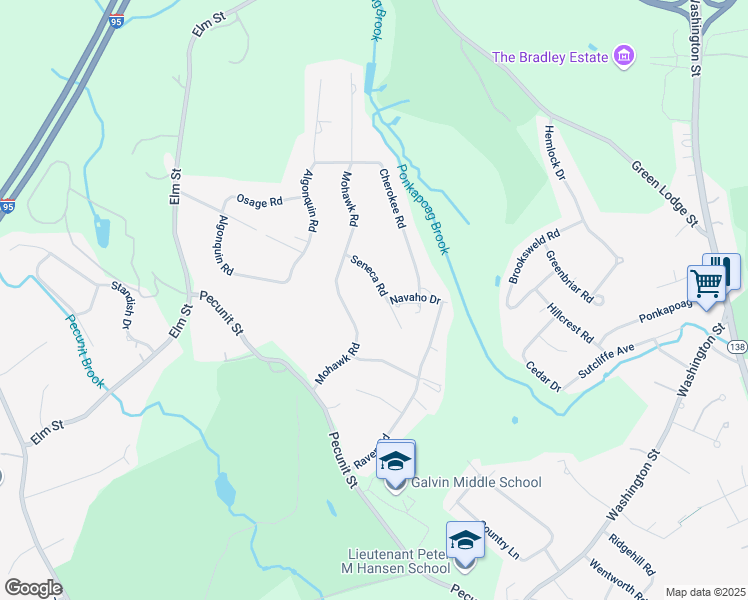 map of restaurants, bars, coffee shops, grocery stores, and more near 7 Seneca Road in Canton