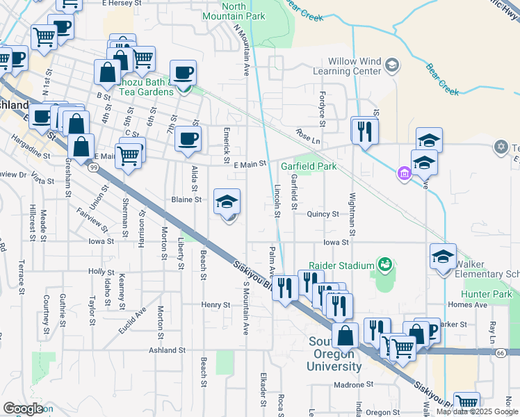 map of restaurants, bars, coffee shops, grocery stores, and more near 132 South Mountain Avenue in Ashland