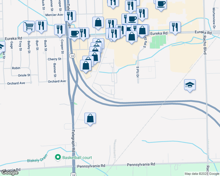 map of restaurants, bars, coffee shops, grocery stores, and more near 15744 Dupage Boulevard in Taylor