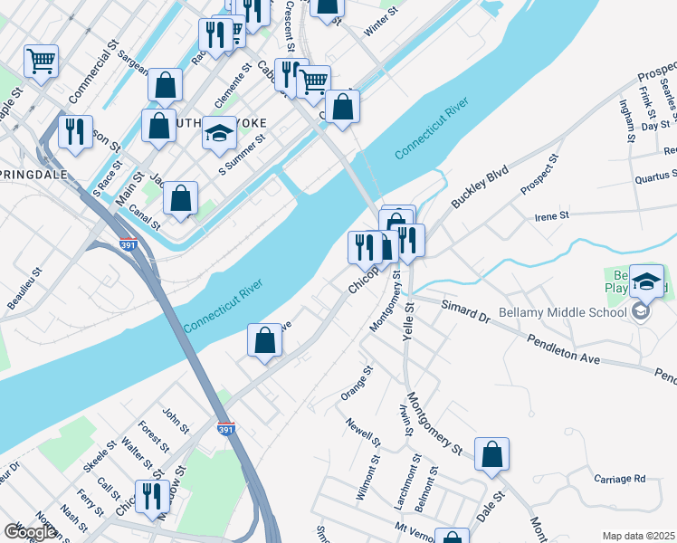map of restaurants, bars, coffee shops, grocery stores, and more near 18 Lucretia Avenue in Chicopee