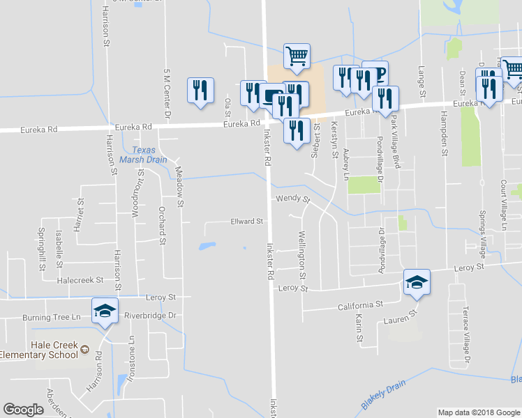 map of restaurants, bars, coffee shops, grocery stores, and more near 15360 Inkster Road in Romulus