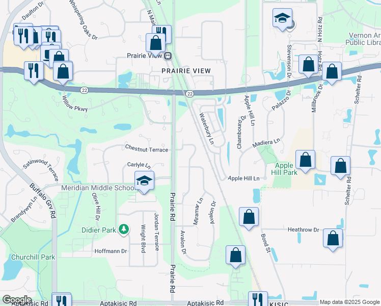 map of restaurants, bars, coffee shops, grocery stores, and more near 2306 Avalon Drive in Buffalo Grove