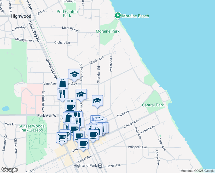 map of restaurants, bars, coffee shops, grocery stores, and more near 2172 Linden Avenue in Highland Park