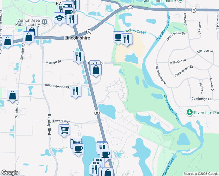 map of restaurants, bars, coffee shops, grocery stores, and more near 565 Rivershire Place in Lincolnshire