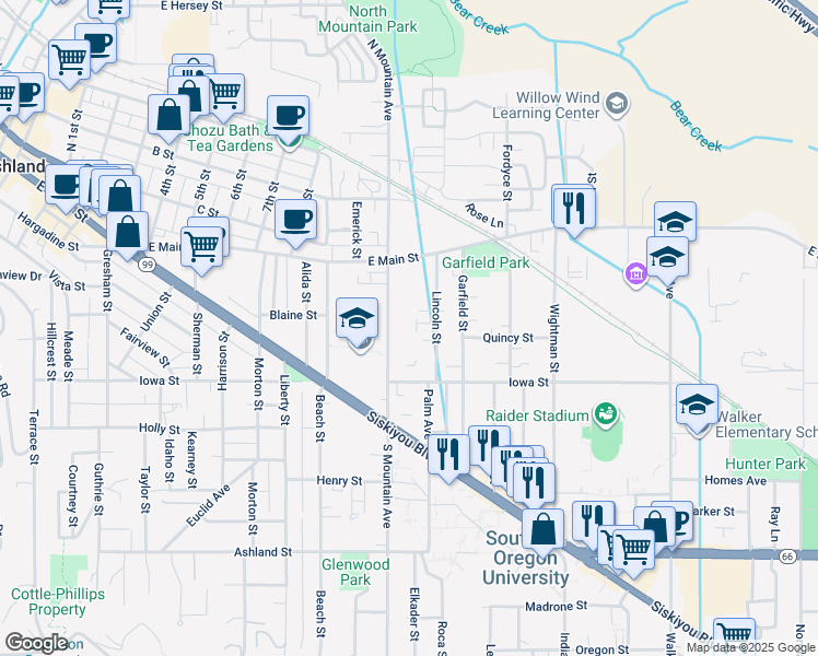 map of restaurants, bars, coffee shops, grocery stores, and more near 132 South Mountain Avenue in Ashland