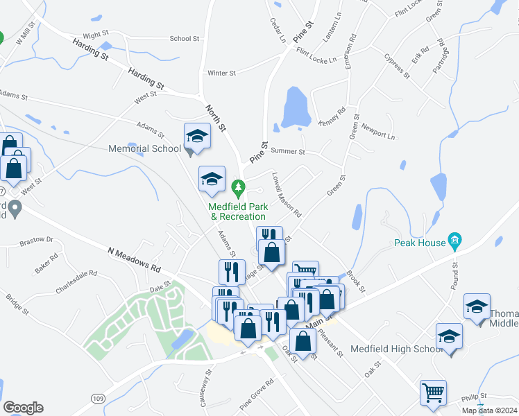 map of restaurants, bars, coffee shops, grocery stores, and more near 6 Meade Avenue in Medfield