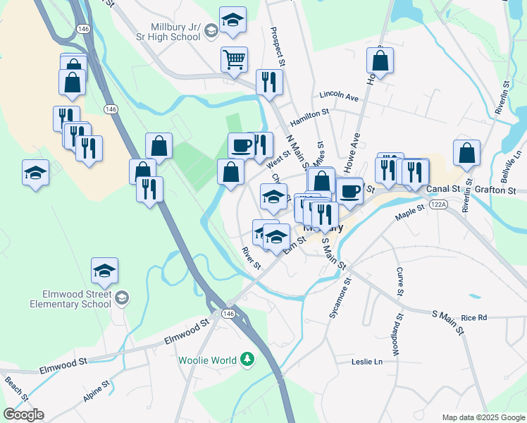 map of restaurants, bars, coffee shops, grocery stores, and more near 17 Waters Street in Millbury