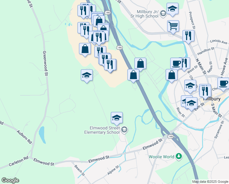 map of restaurants, bars, coffee shops, grocery stores, and more near 100 Massachusetts 146 in Millbury