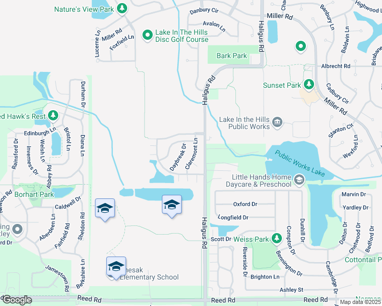 map of restaurants, bars, coffee shops, grocery stores, and more near 2331 Claremont Lane in Lake in the Hills