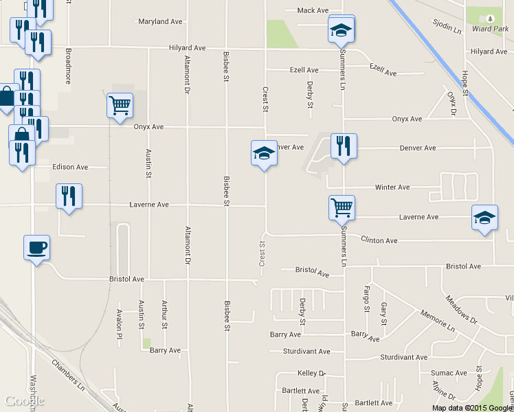 map of restaurants, bars, coffee shops, grocery stores, and more near 3727 Laverne Avenue in Klamath Falls