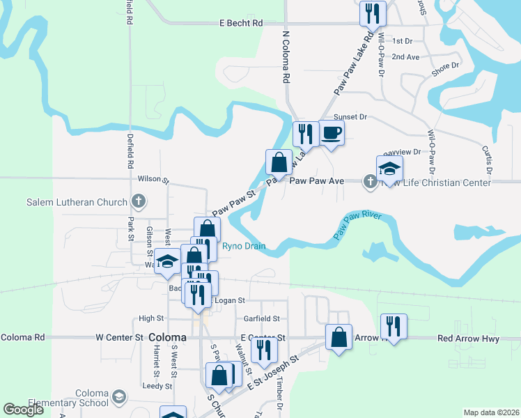 map of restaurants, bars, coffee shops, grocery stores, and more near 6530 Paw Paw Avenue in Coloma