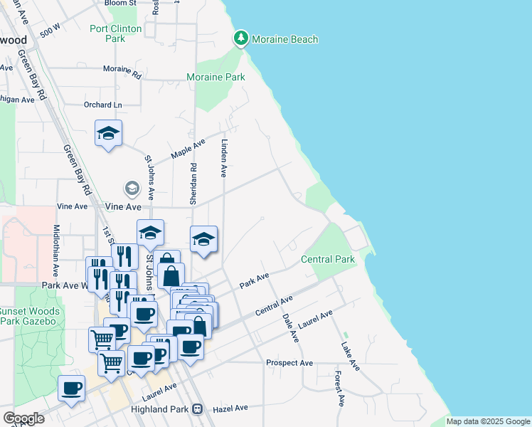map of restaurants, bars, coffee shops, grocery stores, and more near 160 Linden Park Place in Highland Park