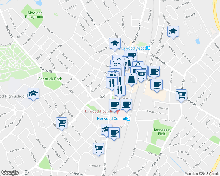 map of restaurants, bars, coffee shops, grocery stores, and more near 1 Walpole Street in Norwood