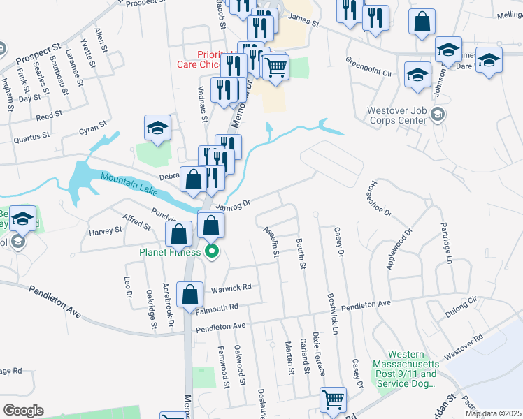 map of restaurants, bars, coffee shops, grocery stores, and more near 198 Asselin Street in Chicopee