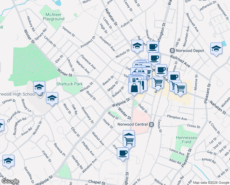 map of restaurants, bars, coffee shops, grocery stores, and more near 57 Bullard Street in Norwood