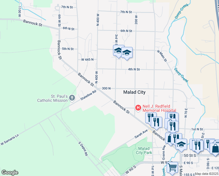 map of restaurants, bars, coffee shops, grocery stores, and more near 311 3rd West Street in Malad City