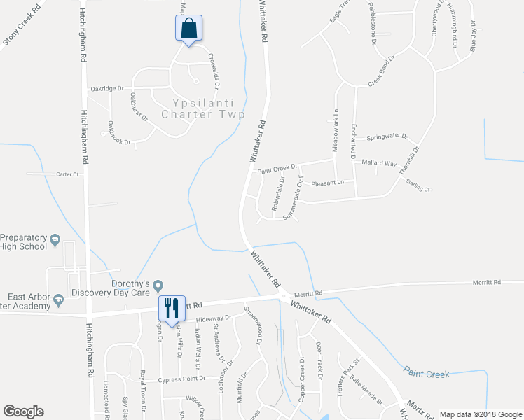 map of restaurants, bars, coffee shops, grocery stores, and more near 6637 Summerdale Circle West in Ypsilanti