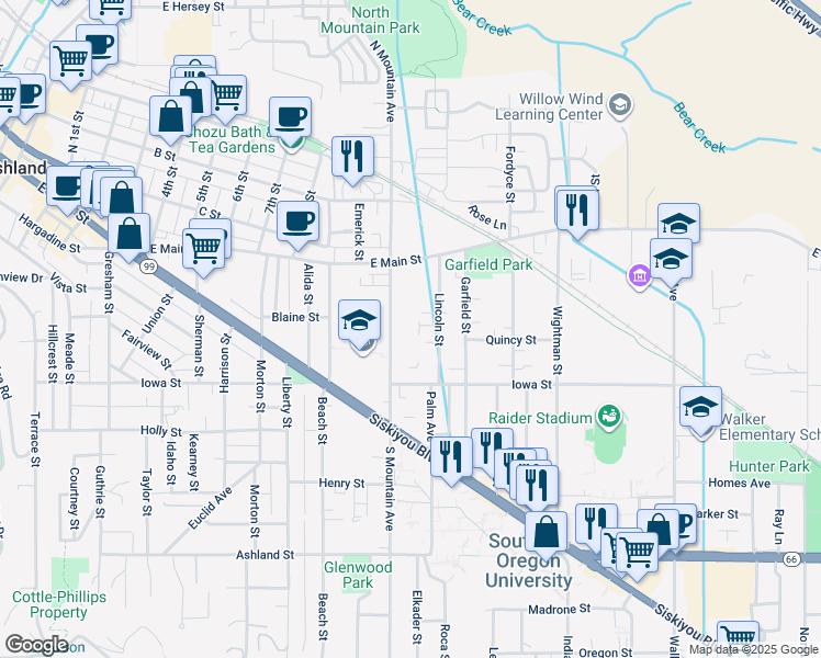 map of restaurants, bars, coffee shops, grocery stores, and more near 132 South Mountain Avenue in Ashland