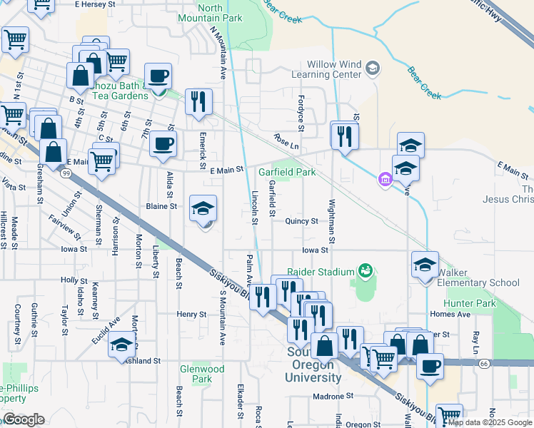 map of restaurants, bars, coffee shops, grocery stores, and more near 150 Lincoln Street in Ashland