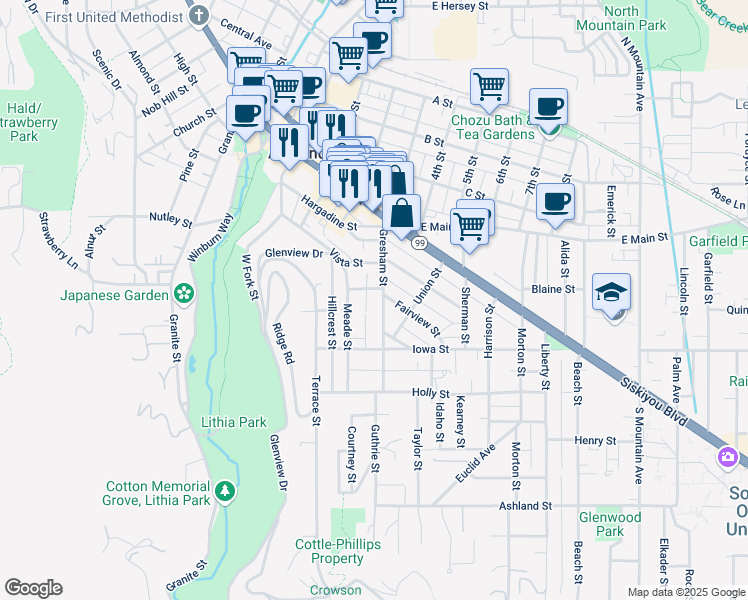 map of restaurants, bars, coffee shops, grocery stores, and more near 143 Gresham Street in Ashland