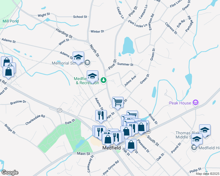 map of restaurants, bars, coffee shops, grocery stores, and more near 121 North Street in Medfield