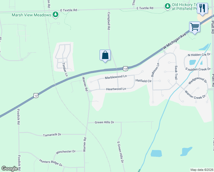 map of restaurants, bars, coffee shops, grocery stores, and more near 531 Heartwood Lane in Saline
