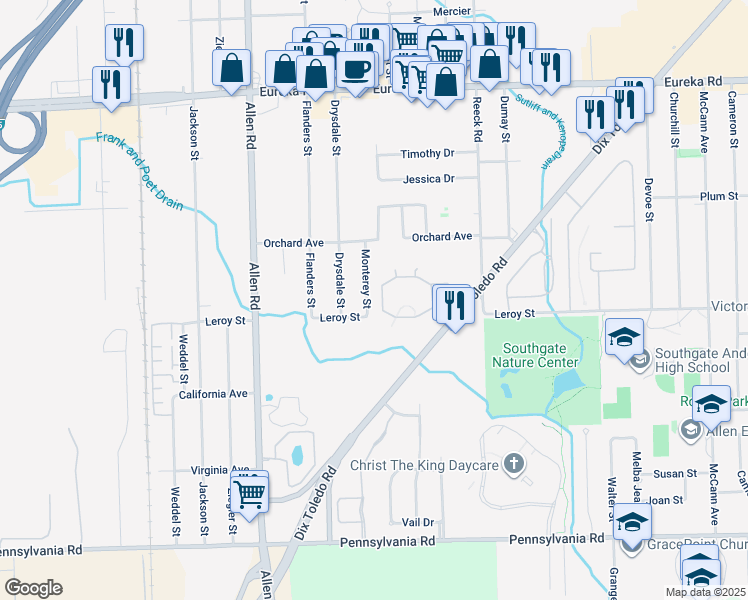 map of restaurants, bars, coffee shops, grocery stores, and more near 16046 Holz Drive in Southgate