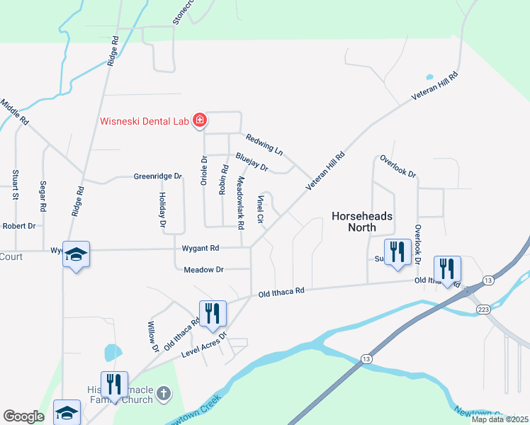 map of restaurants, bars, coffee shops, grocery stores, and more near 110 Vinel Circle in Horseheads