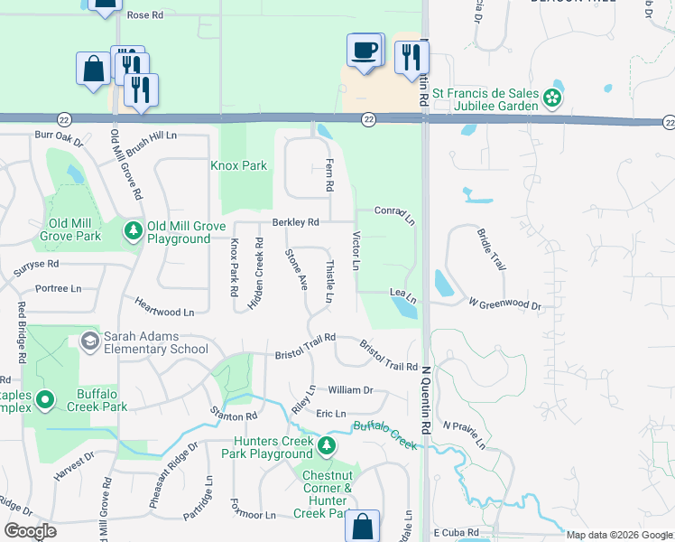 map of restaurants, bars, coffee shops, grocery stores, and more near 335 Thistle Lane in Lake Zurich