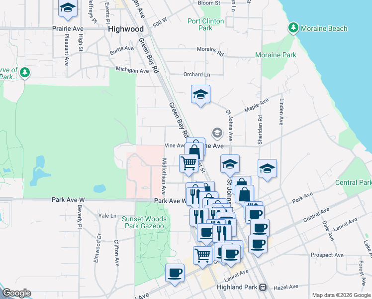 map of restaurants, bars, coffee shops, grocery stores, and more near 550 Vine Avenue in Highland Park