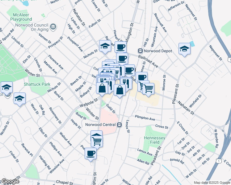 map of restaurants, bars, coffee shops, grocery stores, and more near 19 Day Street in Norwood