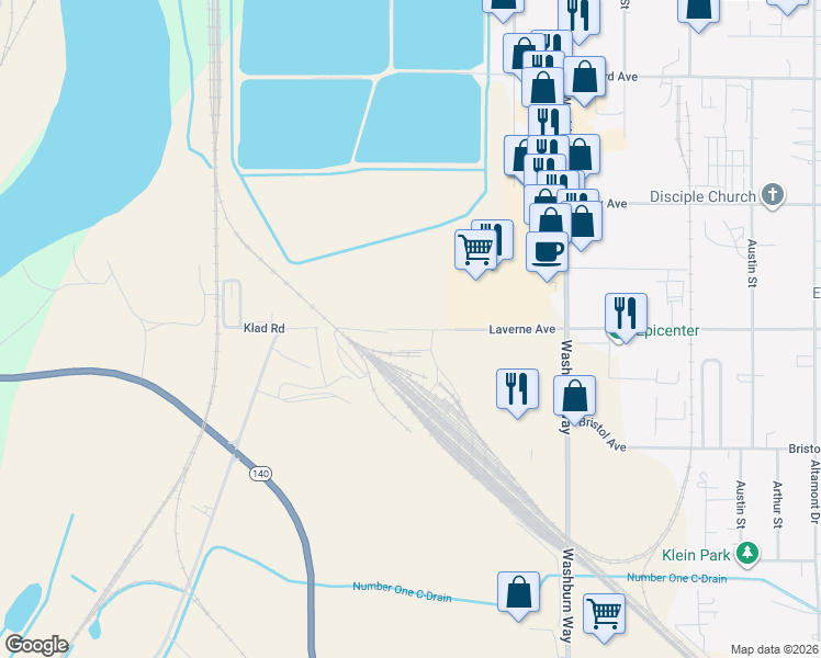 map of restaurants, bars, coffee shops, grocery stores, and more near 1421 Laverne Avenue in Klamath Falls