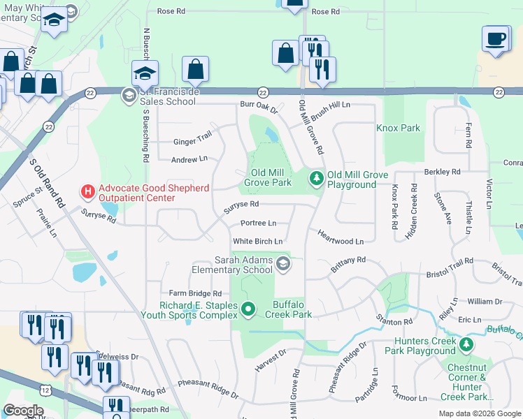 map of restaurants, bars, coffee shops, grocery stores, and more near 735 Surryse Road in Lake Zurich