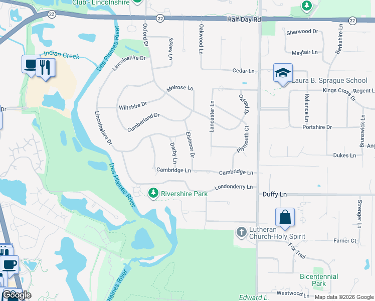 map of restaurants, bars, coffee shops, grocery stores, and more near 5 Elsinoor Drive in Lincolnshire